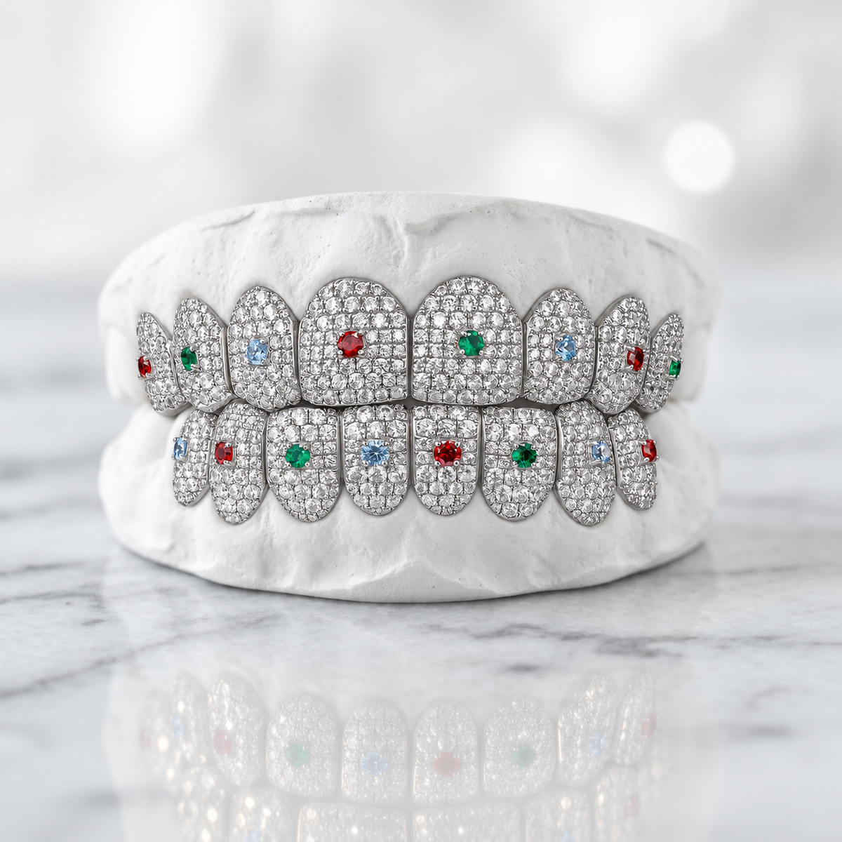 Multicolor Accent Iced Out Grillz Set | 925 Sterling Silver