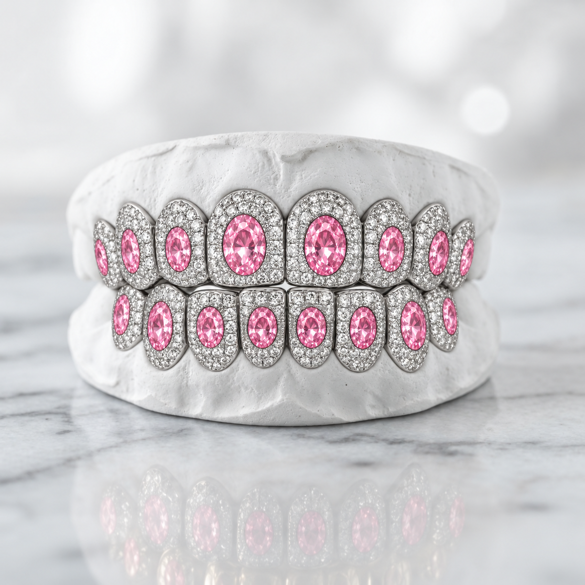 Pink Oval Center Stone Pavé Grillz Set