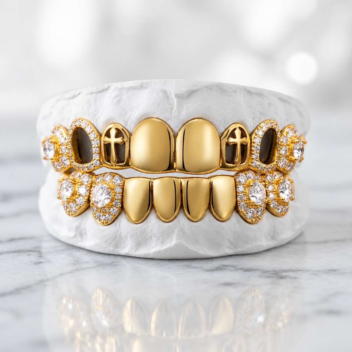 Cross Openwork & Stone Accent Grillz Set | Gold-Tone 925 Sterling Silver