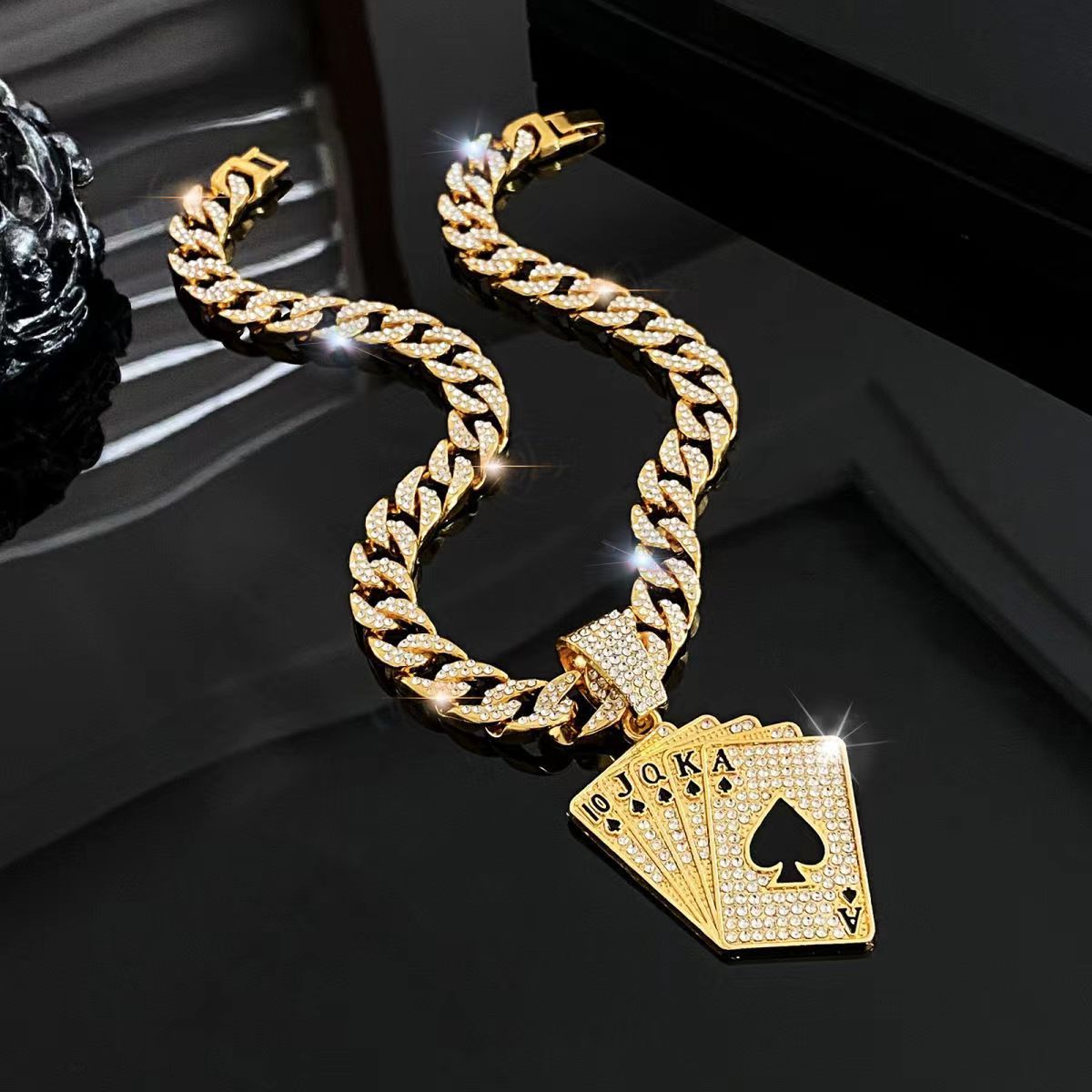 Royal Flush Playing Card Cuban Link Necklace