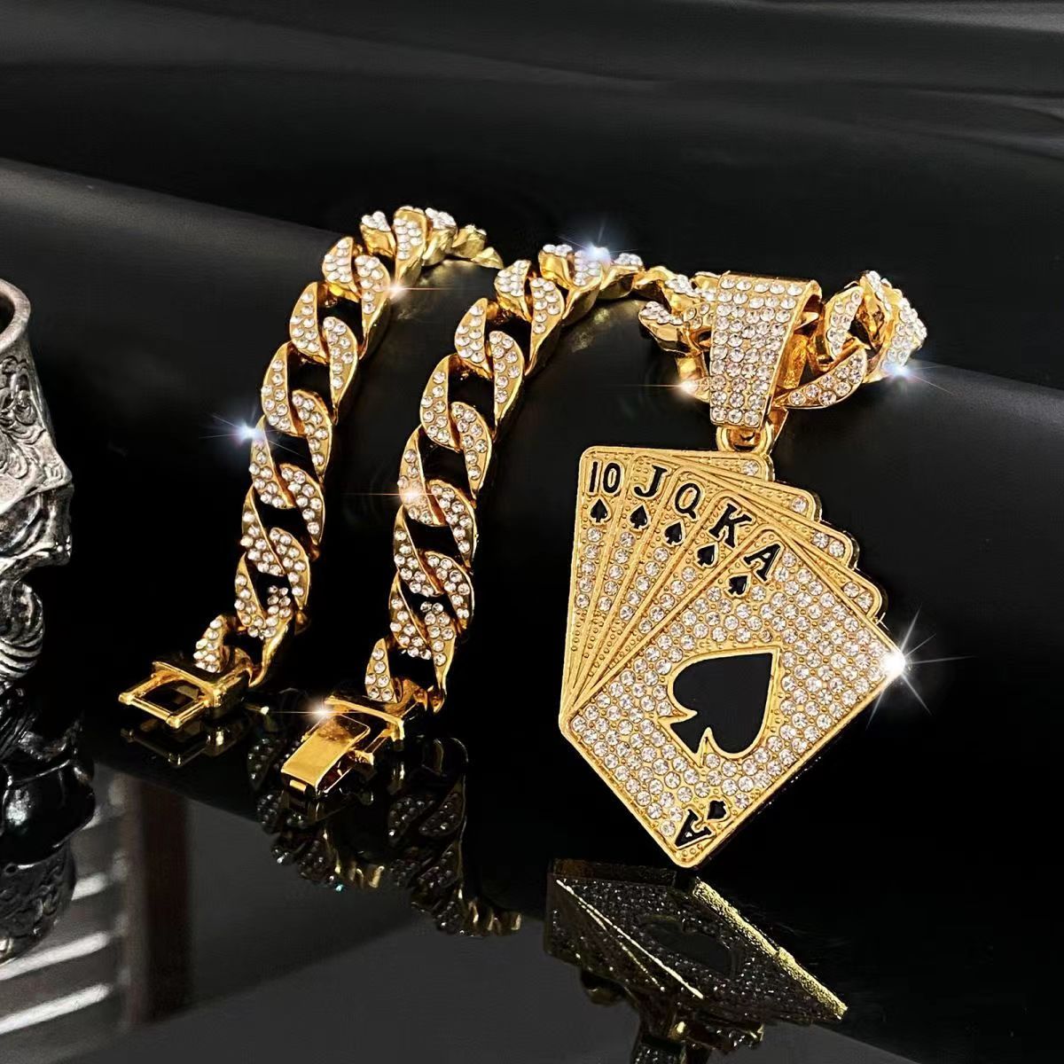 Royal Flush Playing Card Cuban Link Necklace