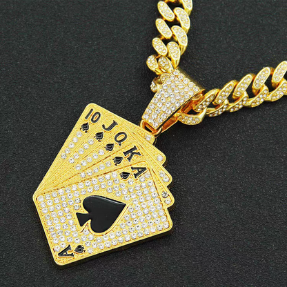 Royal Flush Playing Card Cuban Link Necklace