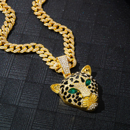 Emerald-Eyed Leopard Pendant Cuban Chain | 925 Sterling Silver