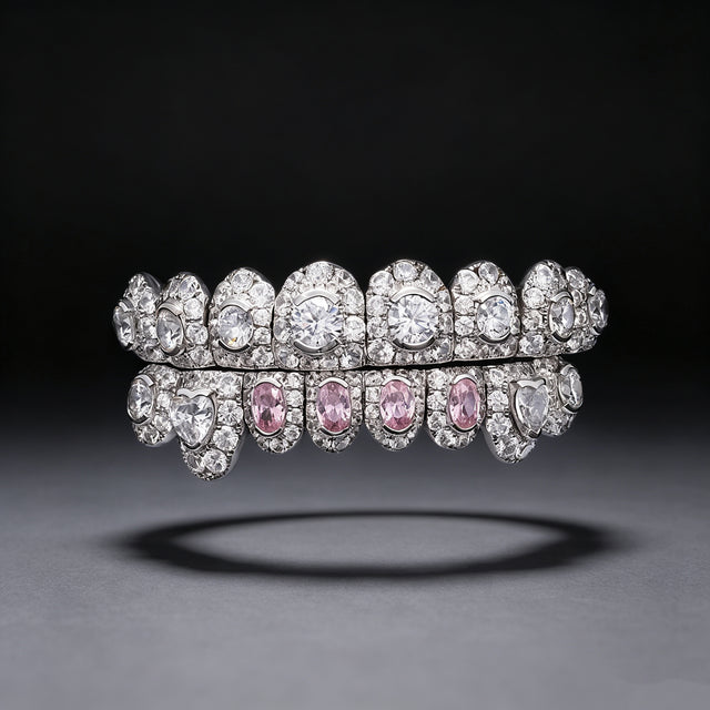 Custom Fancy‑Cut Pink Diamond Fully Iced Hip‑Hop Grillz