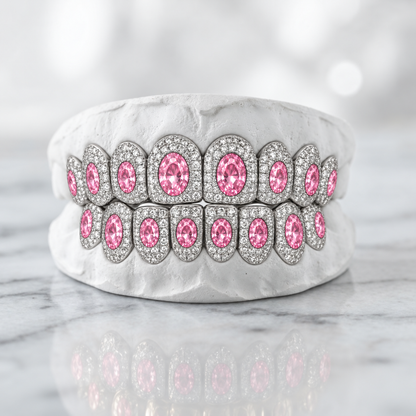 Pink Oval Center Stone Pavé Grillz Set