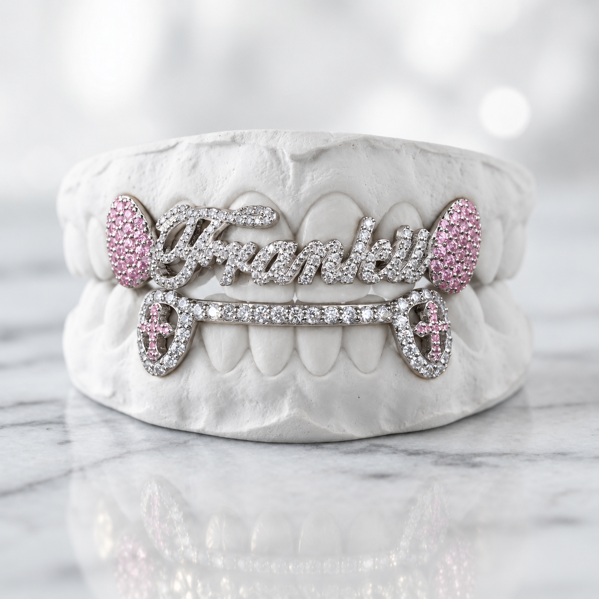 Pink Heart Custom Name Grillz | 925 Sterling Silver