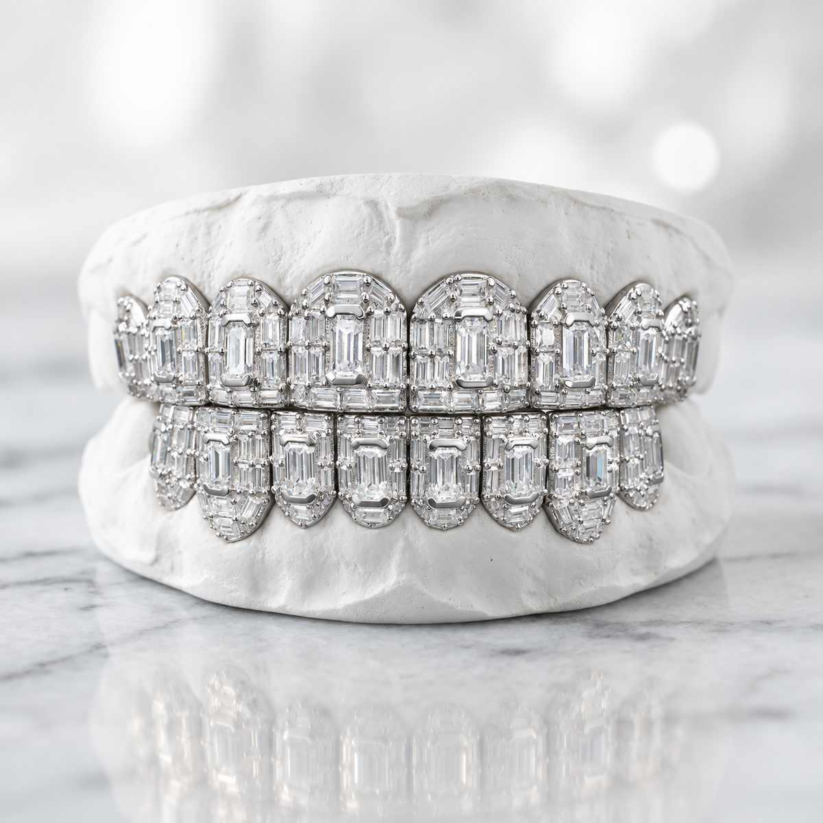 Emerald-Cut Iced Out Double Row Grillz | 925 Sterling Silver