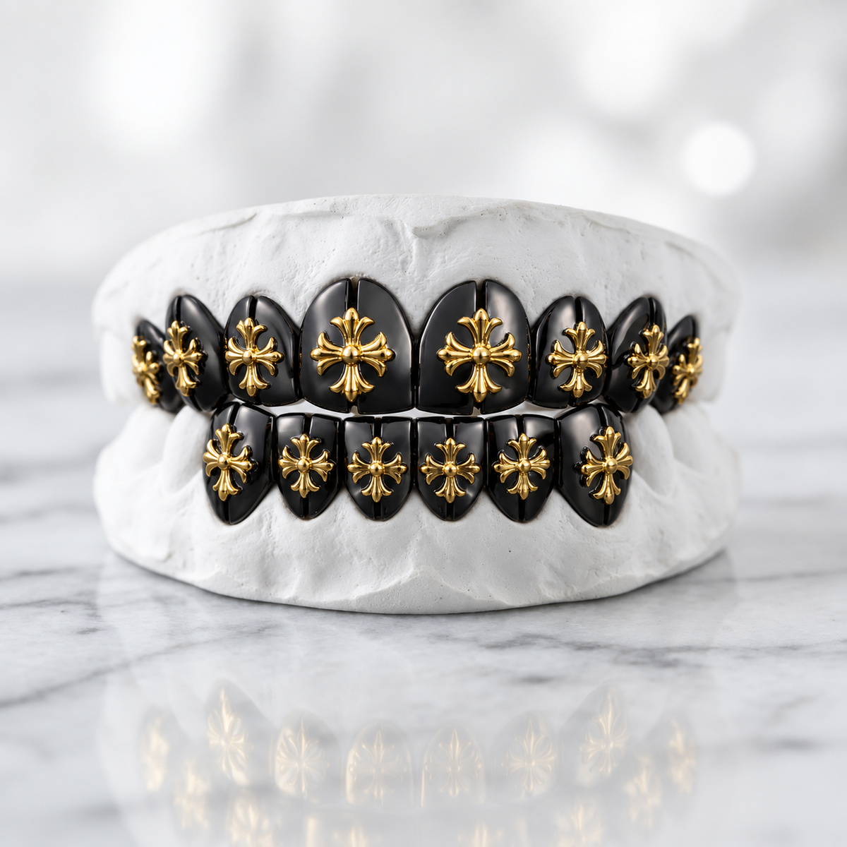 Midnight Gold Cross Double Row Grillz | 925 Sterling Silver