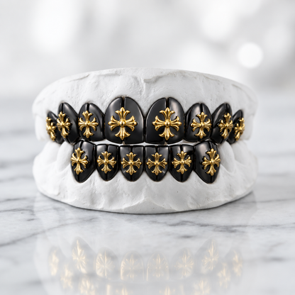 Midnight Gold Cross Double Row Grillz | 925 Sterling Silver