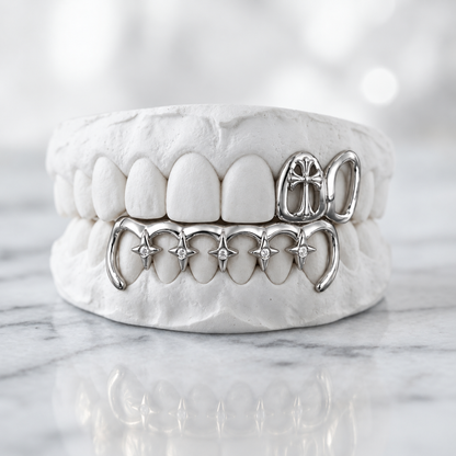 Cross & Starlight Openwork Grillz Set | 925 Sterling Silver