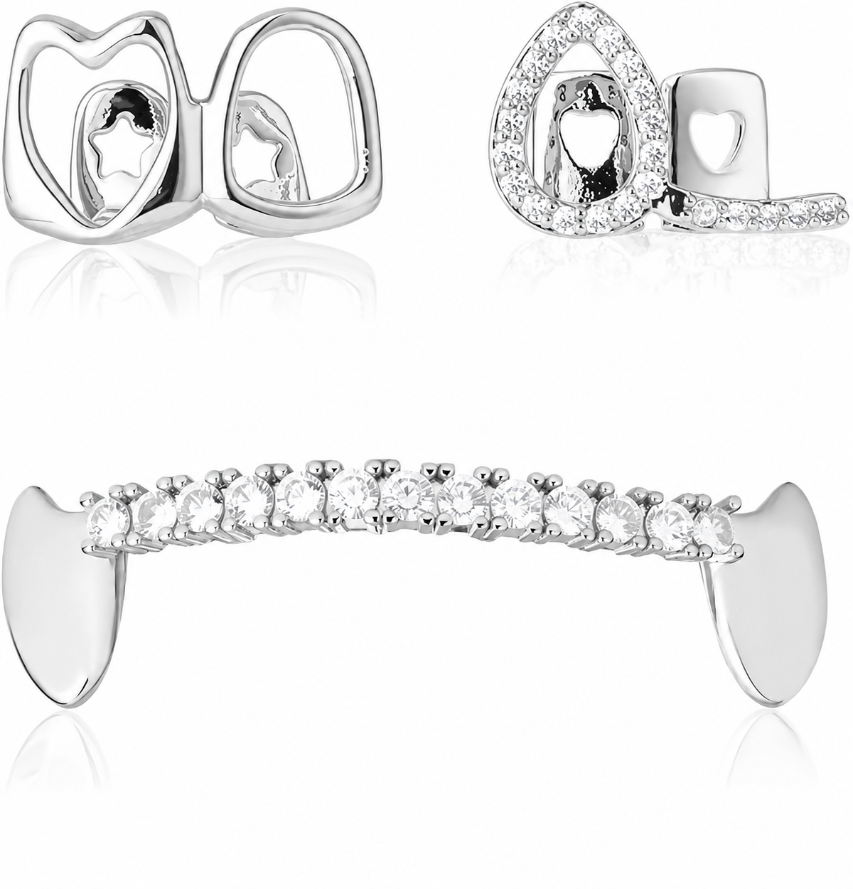 Open Heart & Iced Bar Grillz Set | Tone 925 Sterling Silver
