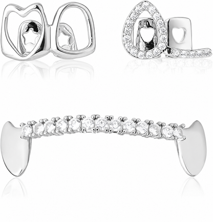 Open Heart & Iced Bar Grillz Set | Tone 925 Sterling Silver