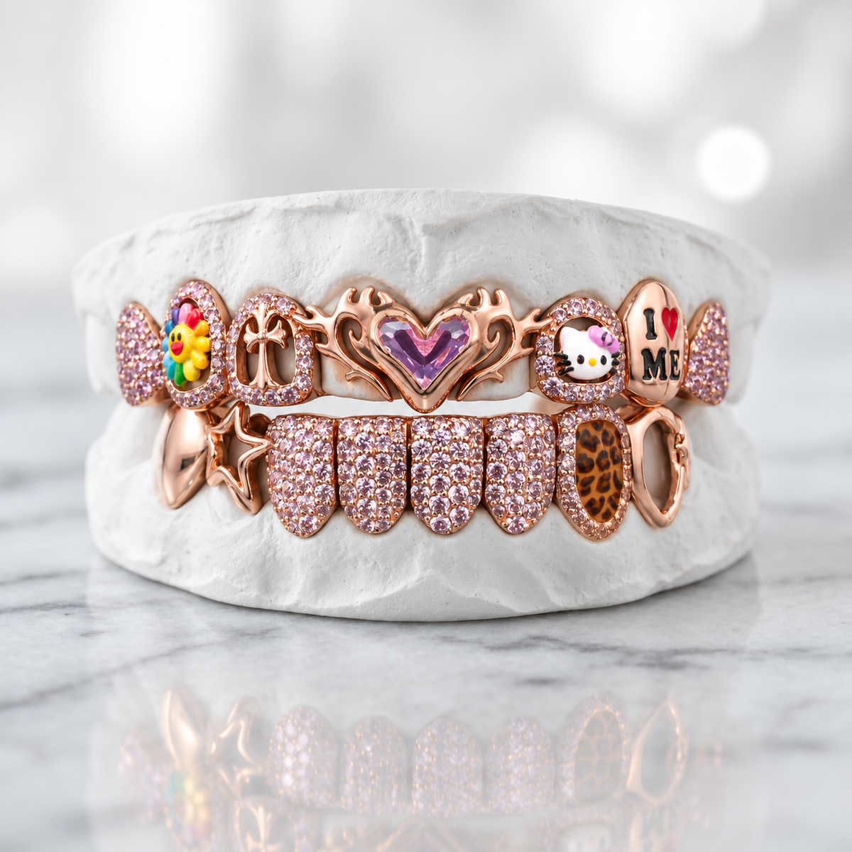 Rose Gold-Tone Charm Mix Grillz Set | 925 Sterling Silver