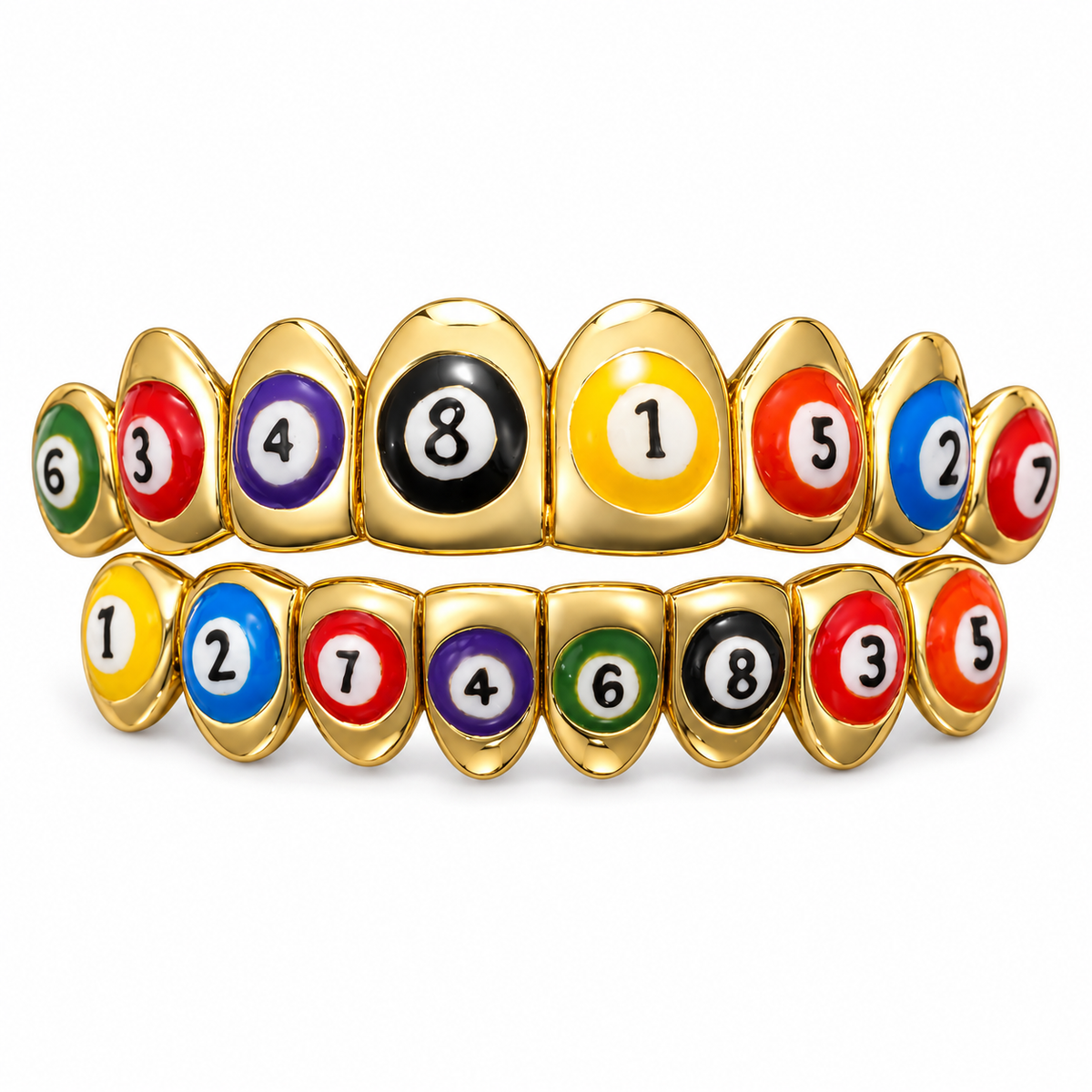 Colorful Billiard Ball Double Row Grillz | Gold-Tone 925 Sterling Silver