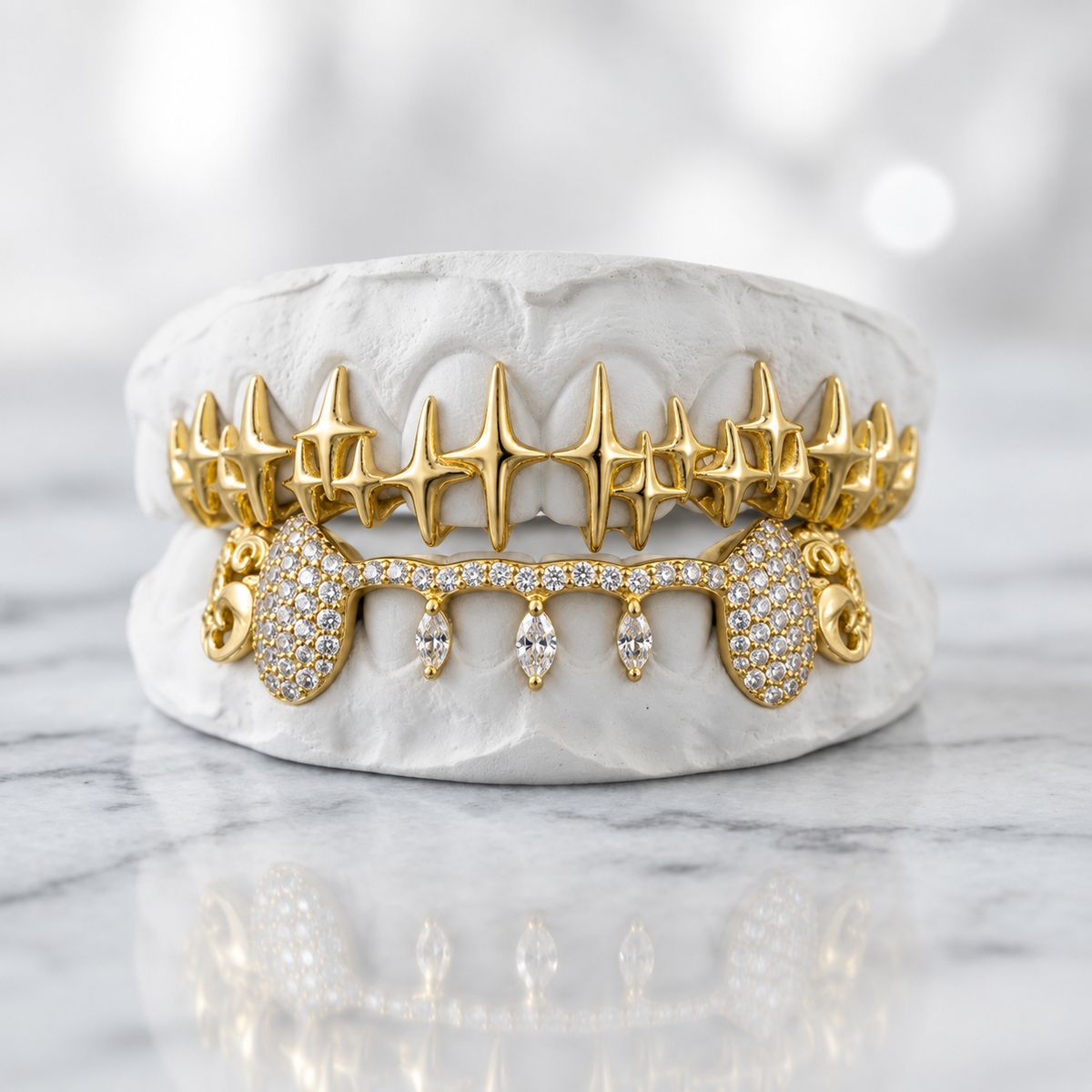 Starburst & Dangle Gold-Tone Double Row Grillz | 925 Sterling Silver