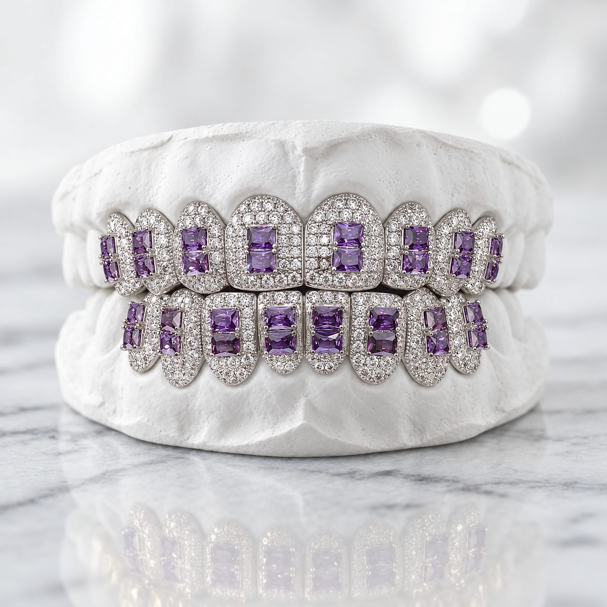 Purple Square-Stone Iced Out Grillz Set | 925 Sterling Silver