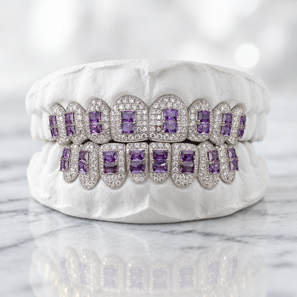Purple Square-Stone Iced Out Grillz Set | 925 Sterling Silver