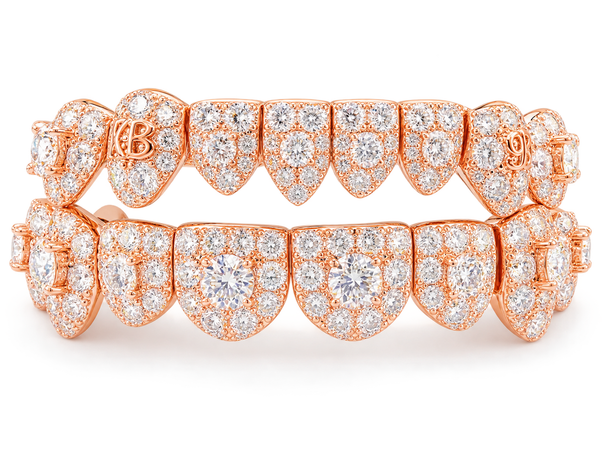 Rose Gold Moissanite Double Row Grillz | S925 Sterling Silver Hip Hop Teeth Jewelry