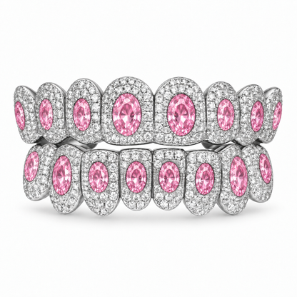 Pink Oval Center Stone Pavé Grillz Set
