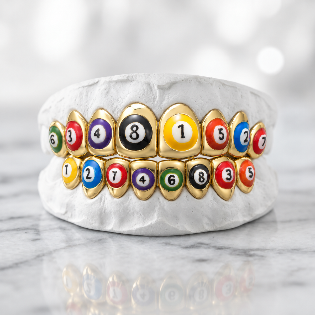 Colorful Billiard Ball Double Row Grillz | Gold-Tone 925 Sterling Silver