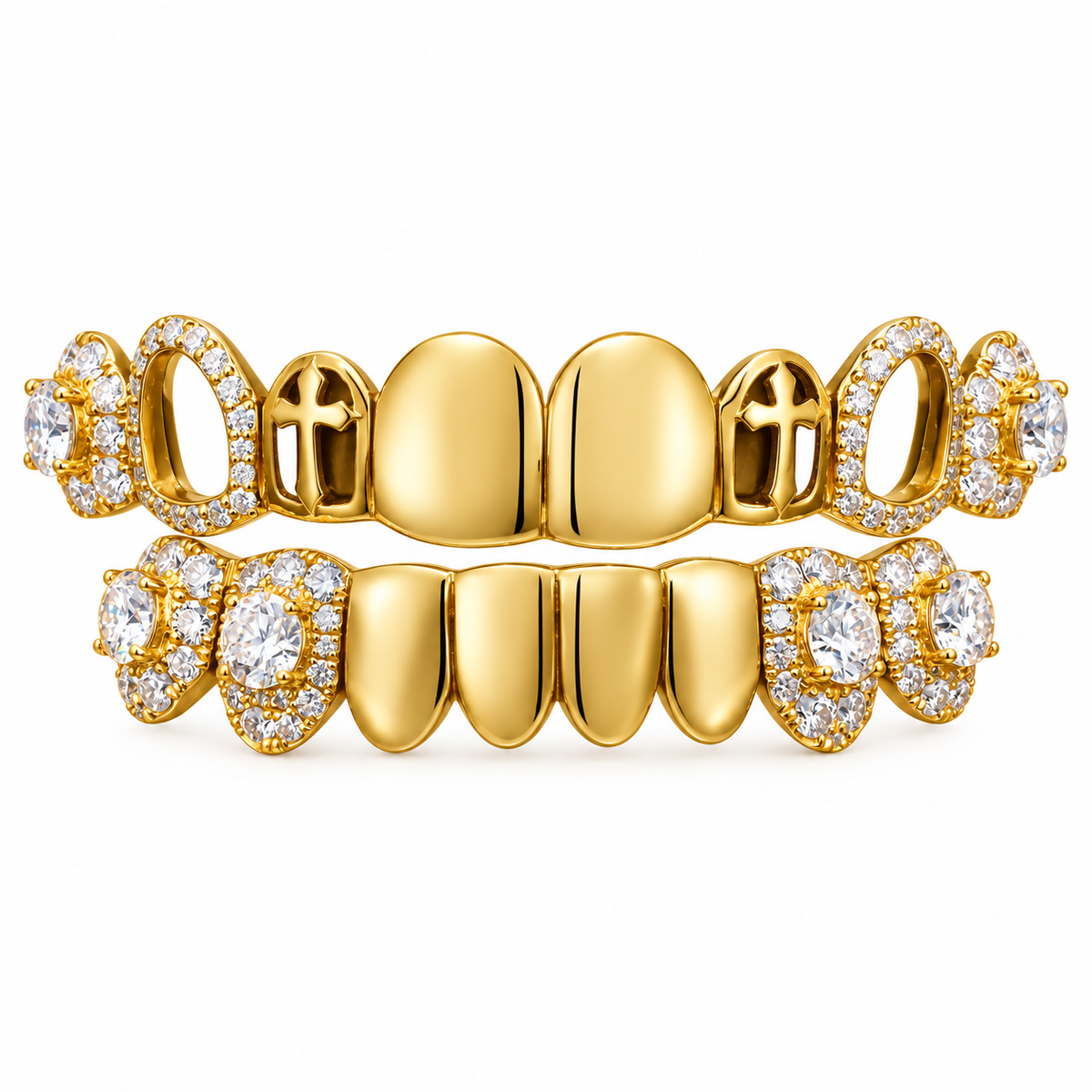 Cross Openwork & Stone Accent Grillz Set | Gold-Tone 925 Sterling Silver