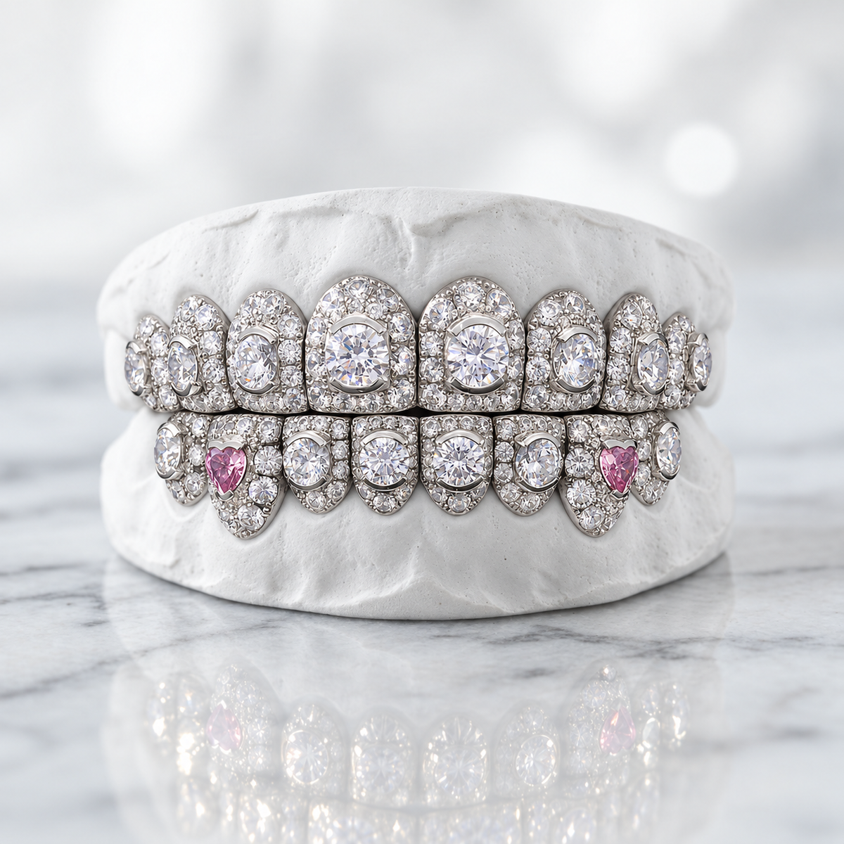 Pink Heart Iced Out Grillz Set | 925 Sterling Silver