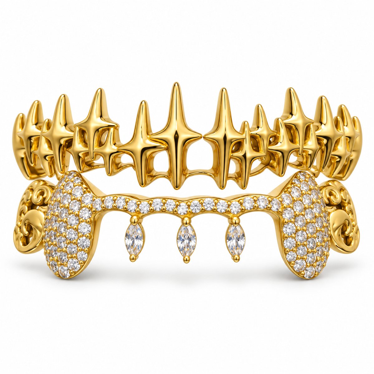 Starburst & Dangle Gold-Tone Double Row Grillz | 925 Sterling Silver
