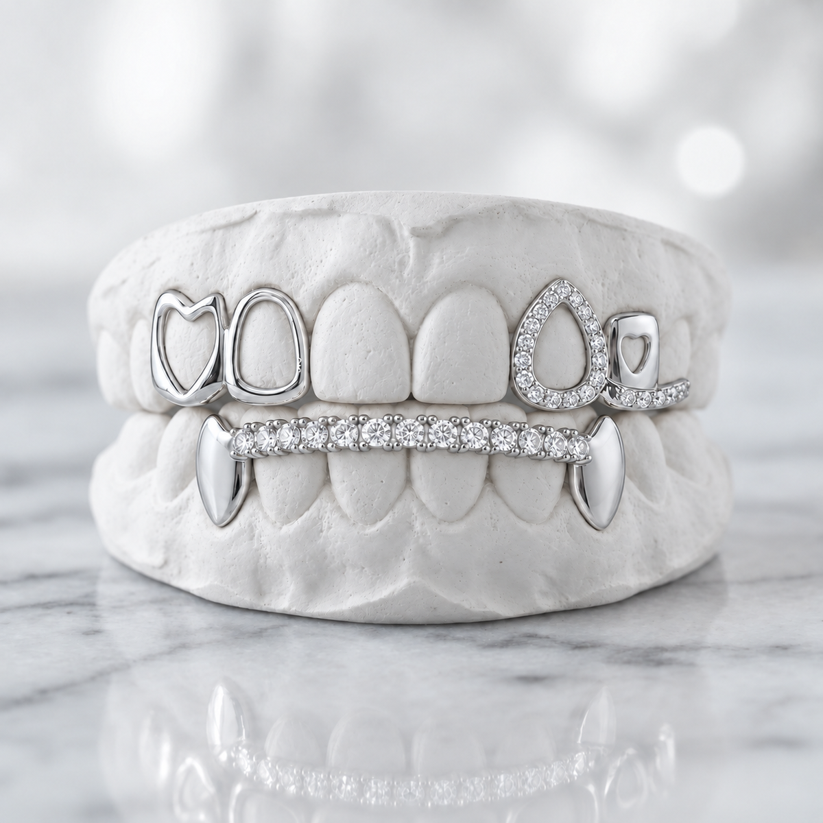 Open Heart & Iced Bar Grillz Set | Tone 925 Sterling Silver