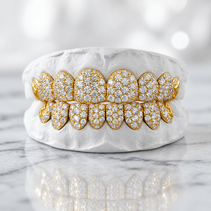 Gold-Tone Round-Stone Iced Out Grillz Set | 925 Sterling Silver